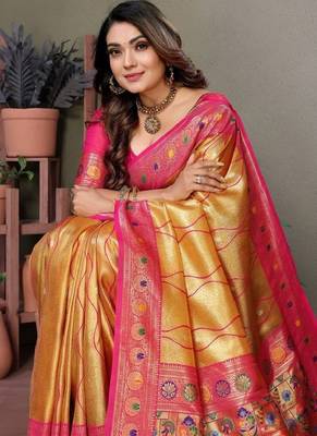 yellow banarasi tissue silk blend with leheriya weaving saree with blouse 4