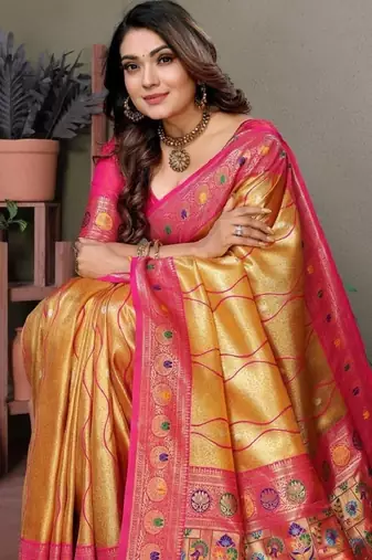 yellow banarasi tissue silk blend with leheriya weaving saree with blouse