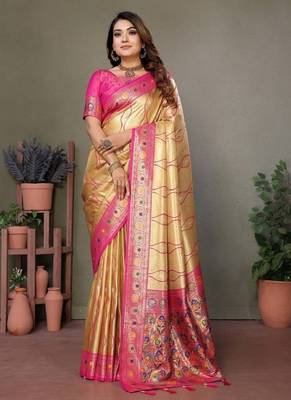 cream banarasi tissue silk blend with leheriya weaving saree with blouse 1