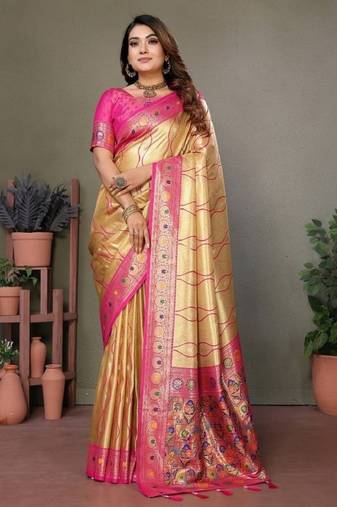cream banarasi tissue silk blend with leheriya weaving saree with blouse
