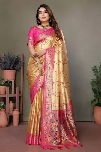 cream banarasi tissue silk blend with leheriya weaving saree with blouse