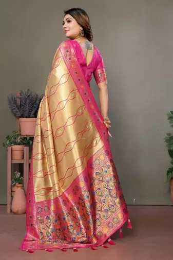cream banarasi tissue silk blend with leheriya weaving saree with blouse