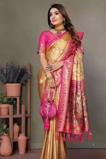 cream banarasi tissue silk blend with leheriya weaving saree with blouse