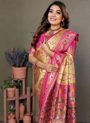 cream banarasi tissue silk blend with leheriya weaving saree with blouse 4