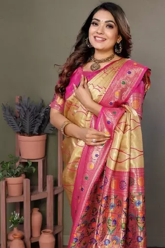 cream banarasi tissue silk blend with leheriya weaving saree with blouse