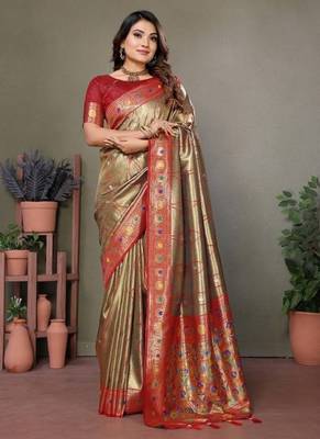 golden banarasi tissue silk blend with leheriya weaving saree with blouse 1