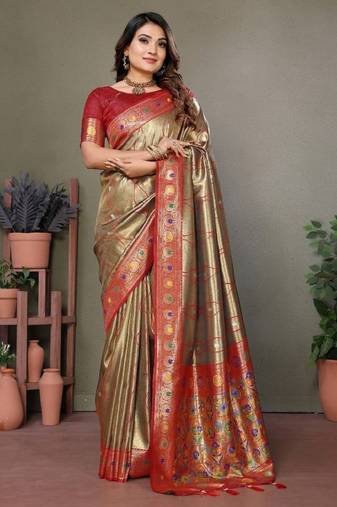 golden banarasi tissue silk blend with leheriya weaving saree with blouse