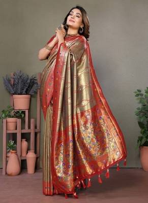 golden banarasi tissue silk blend with leheriya weaving saree with blouse 3