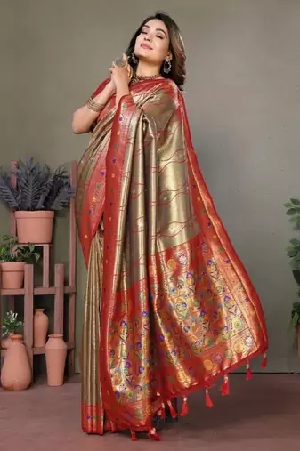 golden banarasi tissue silk blend with leheriya weaving saree with blouse