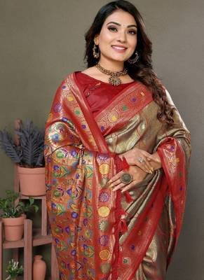 golden banarasi tissue silk blend with leheriya weaving saree with blouse 4