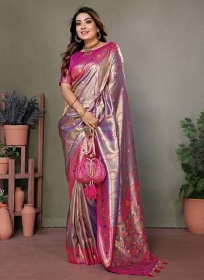 lavender banarasi tissue silk blend with leheriya weaving saree with blouse 3