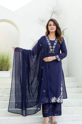 Navy Blue Embroidered Cotton Kurta Set with Mul Cotton Dupatta