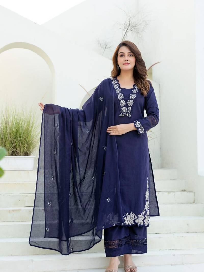 Navy Blue Embroidered Cotton Kurta Set with Mul Cotton Dupatta