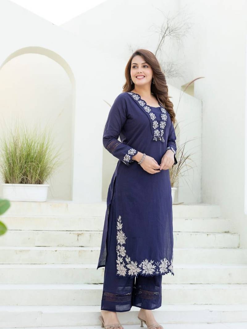Navy Blue Embroidered Cotton Kurta Set with Mul Cotton Dupatta