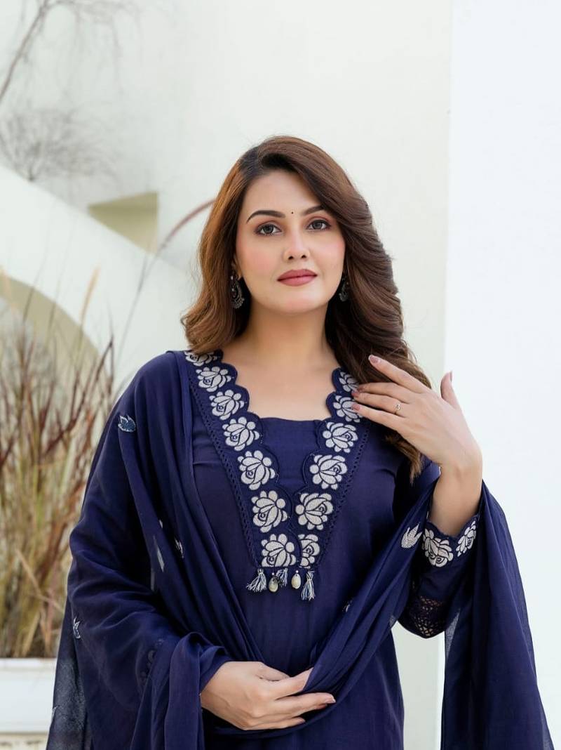 Navy Blue Embroidered Cotton Kurta Set with Mul Cotton Dupatta
