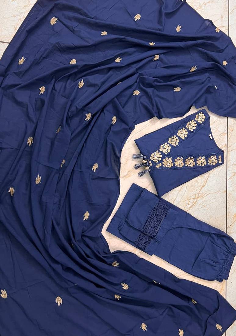 Navy Blue Embroidered Cotton Kurta Set with Mul Cotton Dupatta