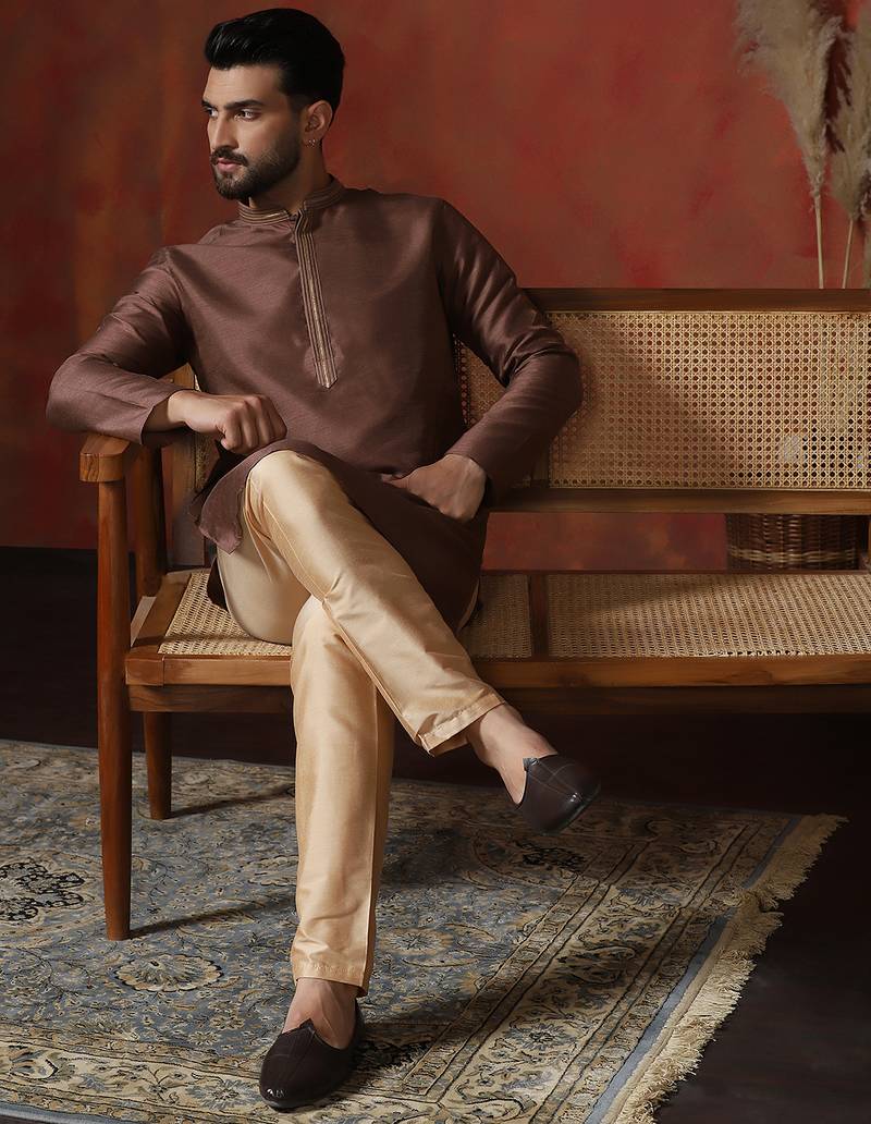 Brown embroidered kurta pajama set for men