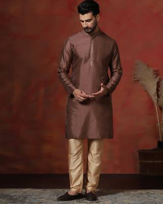 Brown embroidered kurta pajama set for men 2