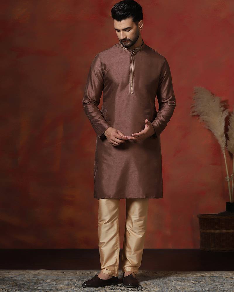 Brown embroidered kurta pajama set for men