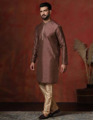 Brown embroidered kurta pajama set for men 3