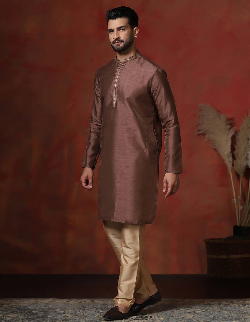 Brown embroidered kurta pajama set for men