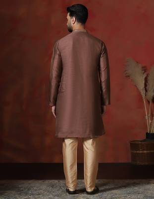 Brown embroidered kurta pajama set for men 4