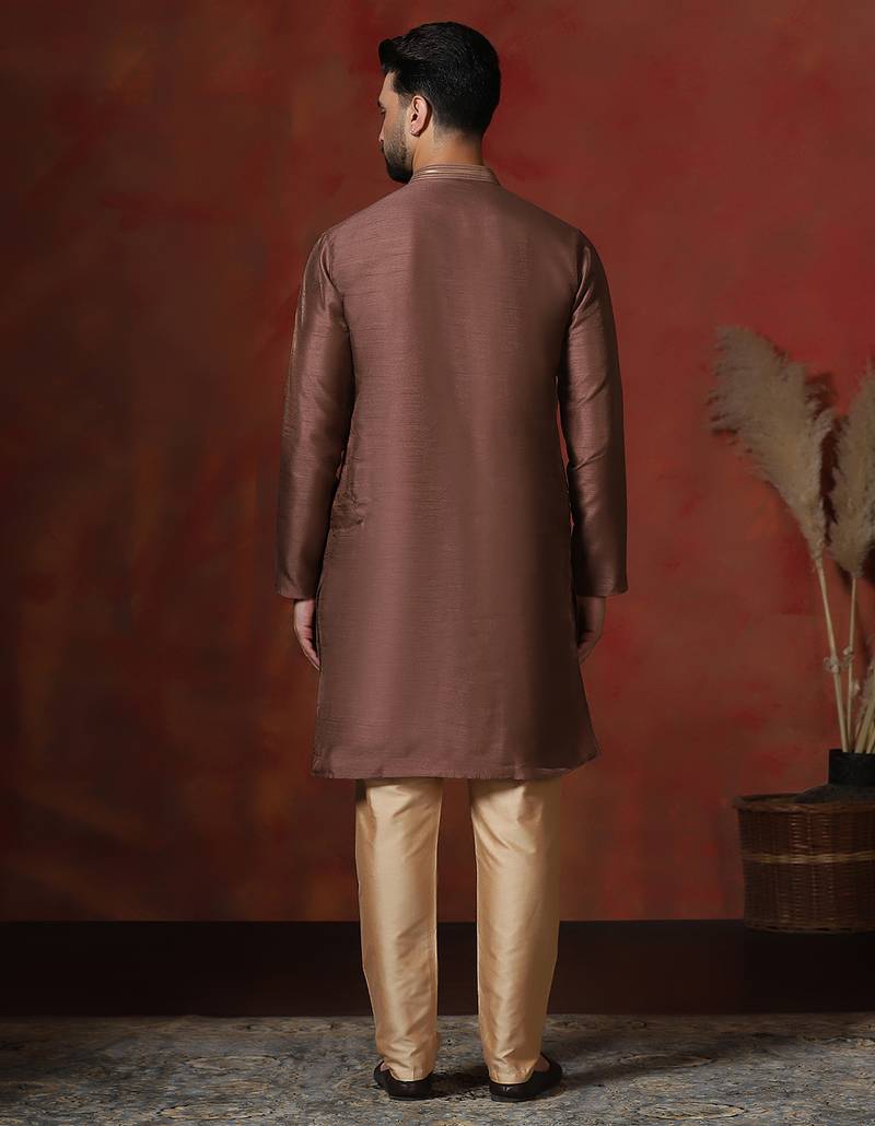 Brown embroidered kurta pajama set for men