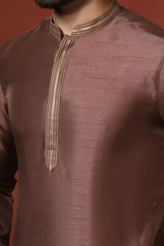 Brown embroidered kurta pajama set for men