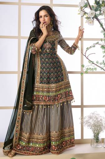mustard black ajrakh print palazzo suit set - Full Stitched free size