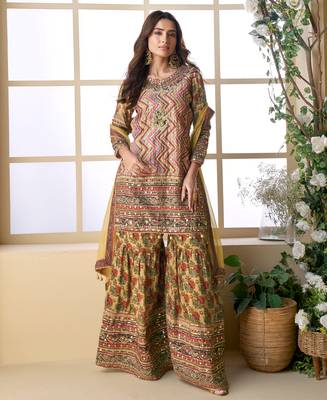 mustard pink ajrakh print palazzo suit set for women -Full Stitched free size 1