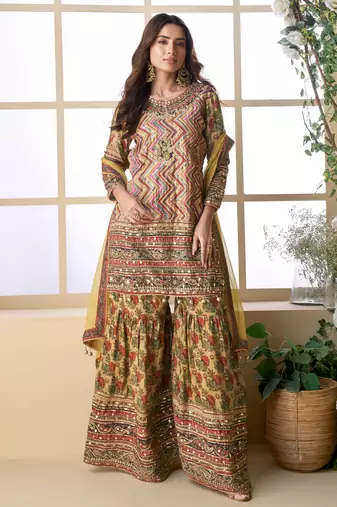 mustard pink ajrakh print palazzo suit set for women wedding wear-Full Stitched free size