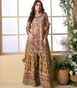 mustard pink ajrakh print palazzo suit set for women wedding wear-Full Stitched free size