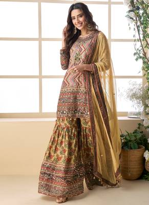 mustard pink ajrakh print palazzo suit set for women -Full Stitched free size 3
