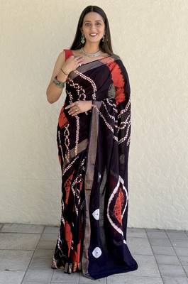 Pure soft mulmul cotton hand tie n dye shibori n bandhej print saree 1