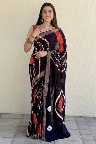 Pure soft mulmul cotton hand tie n dye shibori n bandhej print saree