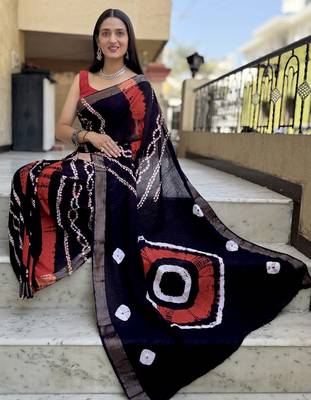 Pure soft mulmul cotton hand tie n dye shibori n bandhej print saree 2
