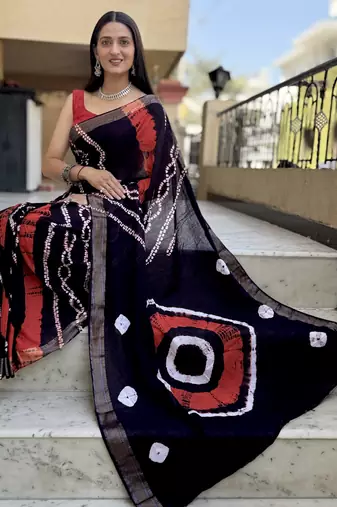 Pure soft mulmul cotton hand tie n dye shibori n bandhej print saree