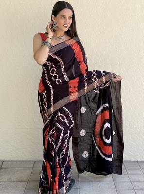 Pure soft mulmul cotton hand tie n dye shibori n bandhej print saree 3