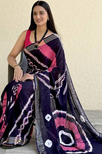 Pure soft mulmul cotton hand tie n dye shibori n bandhej print saree