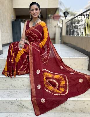 Pure soft mulmul cotton hand tie n dye shibori n bandhej print saree 1