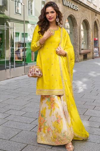 chinon yellow salwar kameez for women-Full Stitched free size