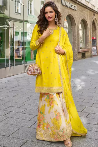 chinon yellow salwar kameez for women-Full Stitched free size