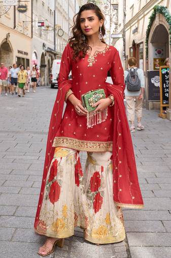 chinon red salwar kameez for women-Full Stitched free size