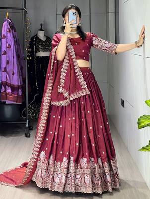 Burgundy Color  Multi Embroidery Thread  Work and Butti All Over NC Vichitraa  Lehenga Fully Stitched Blouse 1