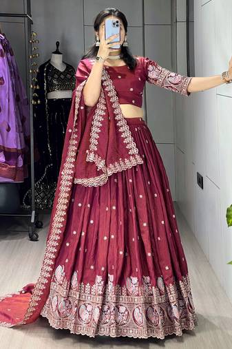 Burgundy Color  Multi Embroidery Thread  Work and Butti All Over NC Vichitraa  Lehenga Fully Stitched Blouse