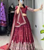 Burgundy Color  Multi Embroidery Thread  Work and Butti All Over NC Vichitraa  Lehenga Fully Stitched Blouse