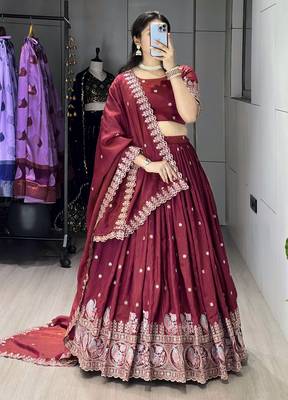 Burgundy Color  Multi Embroidery Thread  Work and Butti All Over NC Vichitraa  Lehenga Fully Stitched Blouse 2