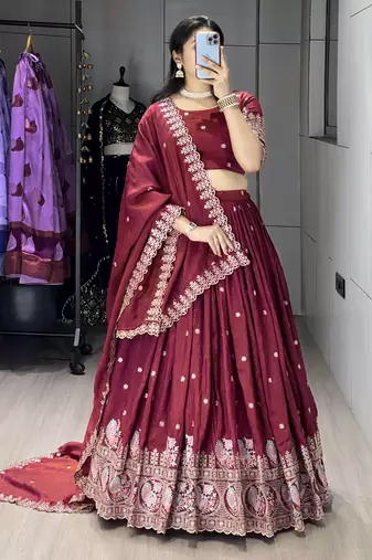 Burgundy Color  Multi Embroidery Thread  Work and Butti All Over NC Vichitraa  Lehenga Fully Stitched Blouse