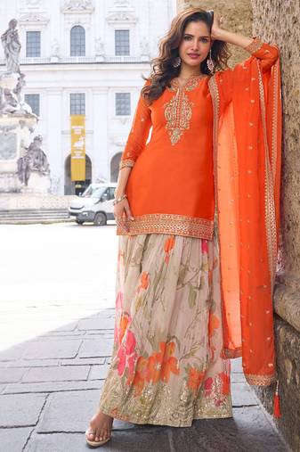 chinon orange salwar kameez for women-Full Stitched free size