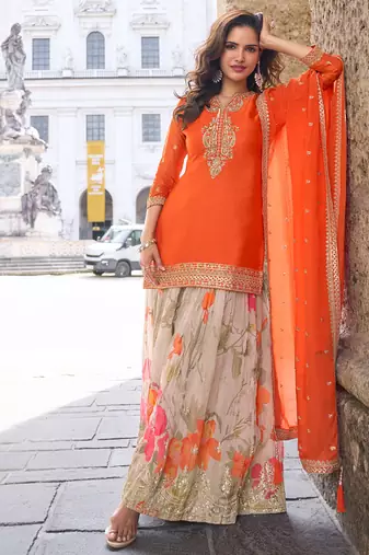 chinon orange salwar kameez for women-Full Stitched free size